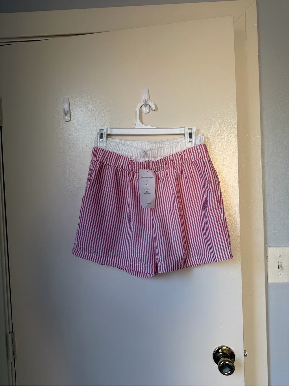 New Red White double lined Striped Seersucker Shorts